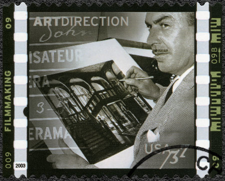 UNITED STATES OF AMERICA - CIRCA 2003: A stamp printed in USA shows Art direction Perry Ferguson working on sketch for Citizen Kane, American Filmmaking Behind the Scenes, circa 2003のeditorial素材