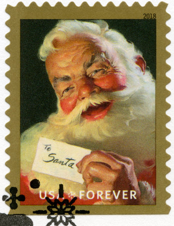 UNITED STATES OF AMERICA - CIRCA 2018: A stamp printed in USA shows Santa Claus, devoted Christmas,...