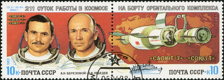 USSR - CIRCA 1983: A stamp printed in USSR shows Anatoly Berezovoy (1942-2014), Valentin Lebedev...