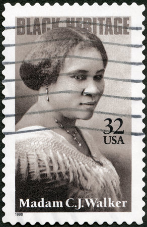 UNITED STATES OF AMERICA - CIRCA 2000: A stamp printed in USA shows Madam C J Charles Joseph Walker Sarah Breedlove (1867-1919), entrepreneur, Self Adhesive, Black Heritage Series, circa 2000のeditorial素材