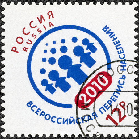 RUSSIA - CIRCA 2010: A stamp printed in Russia shows emblem All Russian population census, circa 2010のeditorial素材