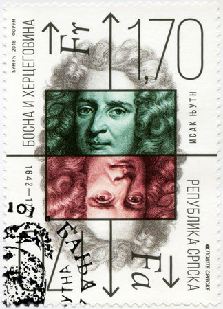 REPUBLIKA SRPSKA - CIRCA 2018: A stamp printed in Republika Srpska shows portrait of Isaac Newton...