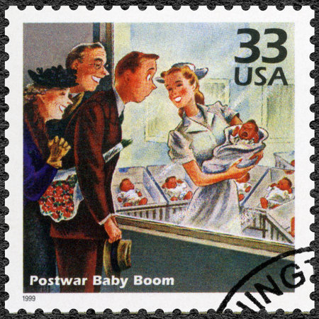 UNITED STATES OF AMERICA - CIRCA 1999: A stamp printed in USA shows Postwar Baby Boom, series Celebrate the Century, 1940s, circa 1999のeditorial素材