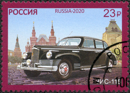 RUSSIA - CIRCA 2020: A stamp printed in Russia shows russian cars for top public officials, 100th Anniversary of a Special Purpose Garage, circa 2020のeditorial素材