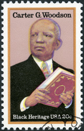 UNITED STATES OF AMERICA - CIRCA 1984: A stamp printed in USA shows Carter Godwin Woodson (1875-1950), Writer, Black Heritage Series, circa 1984のeditorial素材