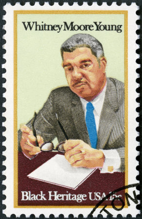 UNITED STATES OF AMERICA - CIRCA 1981: A stamp printed in USA shows Whithey Moore Young (1921-1971), civil rights leader, Black Heritage Series, circa 1981のeditorial素材