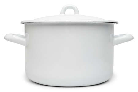 Enameled pan on white backgroundの写真素材