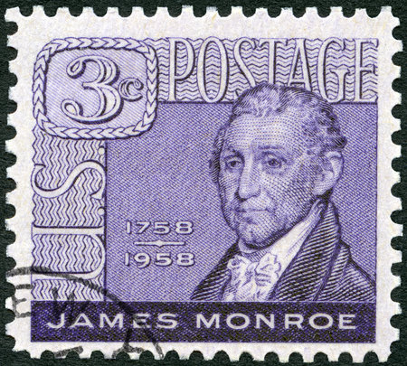 UNITED STATES OF AMERICA - CIRCA 1958: A stamp printed in USA shows portrait James Monroe (1758-1831), fifth President of the USA, by Gilbert Stuart, circa 1958のeditorial素材