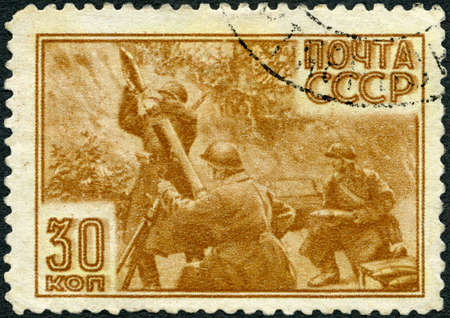 USSR - CIRCA 1943: A stamp printed in USSR shows mortar, circa 1943の写真素材