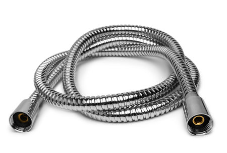 Shower stainless steel hose on white backgroundの写真素材
