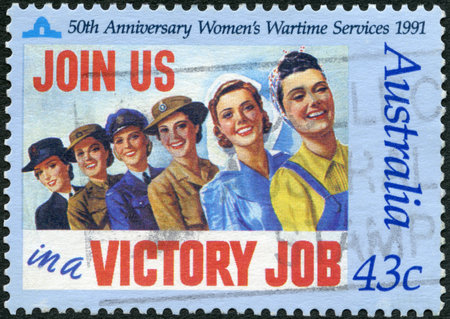 AUSTRALIA - CIRCA 1991: A stamp printed in Australia shows Join us in a victory job, Women s Wartime Services, 50th Anniversary, circa 1991のeditorial素材