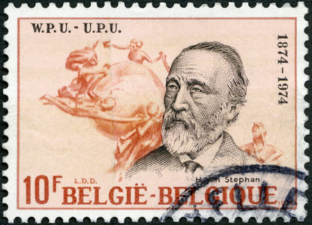 BELGIUM - CIRCA 1974: A stamp printed in Belgium shows Heinrich von Stephan (1831-1897), Centenary of Universal Postal Union, circa 1974のeditorial素材