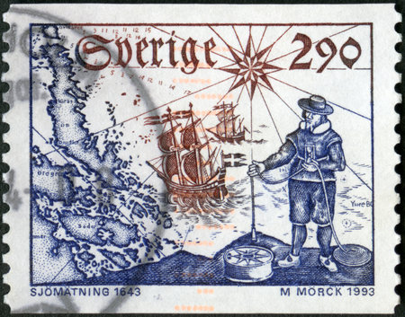 MOSCOW, RUSSIA - JANUARY 09, 2023: A stamp printed in Sweden shows 1643 Method, Hydrographic Survey, 1993のeditorial素材