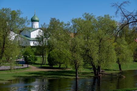 Church of the Epiphany from Zaskovye near Pskova river in Pskov, Russiaのeditorial素材