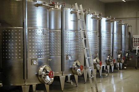 Winery producing wine. Wine fermentation tanks.のeditorial素材