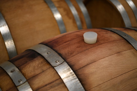 Wooden wine barrels in the cellar of the winery