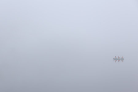 Boat on the lake at morning fog, horizontal pictureの写真素材