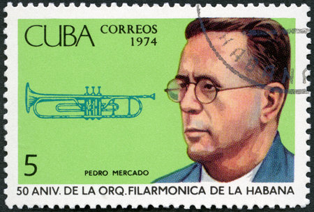 CUBA - CIRCA 1974: A stamp printed in CUBA shows portrait of Pedro Mercado, trumpet, Havana Philharmonic Orchestra, circa 1974のeditorial素材