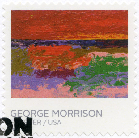 USA - CIRCA 2022: A stamp printed in USA shows painting by George Morrison (1919-2000), Wah Wah Teh Go Nay Ga Bo, circa 2022のeditorial素材
