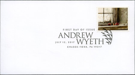 USA - CIRCA 2017: A stamp printed in USA shows Apples on window sill, Andrew Newell Wyeth...