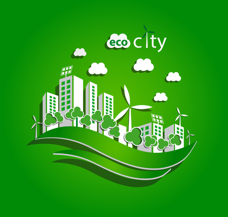 green eco city with private houses, panel houses, wind turbines and solar panels, flat style concept for renewable energy and eco technologiesのイラスト素材