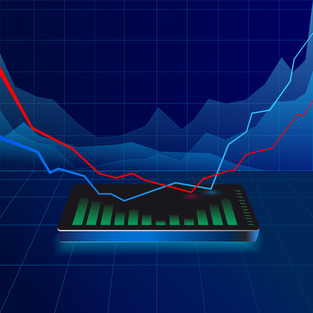 Vector online banking concept - pay and receive money using mobile phone on blue backgroundのイラスト素材