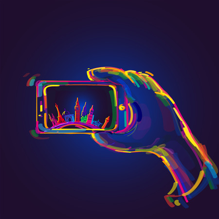 taking a selfie photo colorful design on blue backgroundのイラスト素材