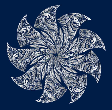 Abstract ornament in the shape of a circle. White ornament isolated on blue background.のイラスト素材