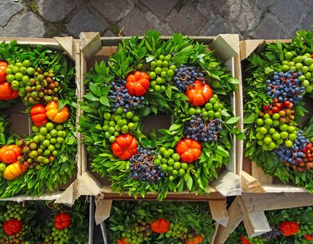 Autumn bouquet ripe wreath wood surface concept. Colourful fall background.                               の写真素材