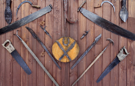 Collection of vintage woodworking tools.                               の写真素材