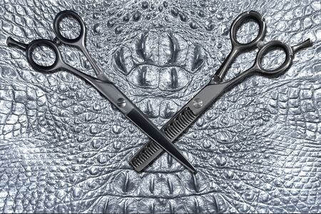 hairdressing different scissors isolated on silver crocodile skin background. 