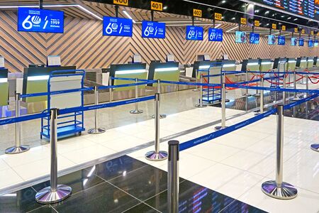 MOSCOW, RUSSIA - JANUARY 18, 2020: Empty Interior of the airport in Moscow. Check-in counters at the airportのeditorial素材