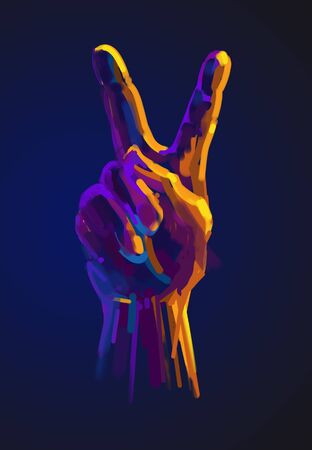 Hand sign victory or peace. Fun Sticker. Colorful fun sticker - hand up sign Victory or Peace with stars.の写真素材