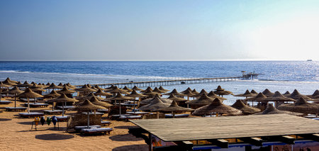 View of the azure water and the beach at sunset. Rest. High quality photoの写真素材