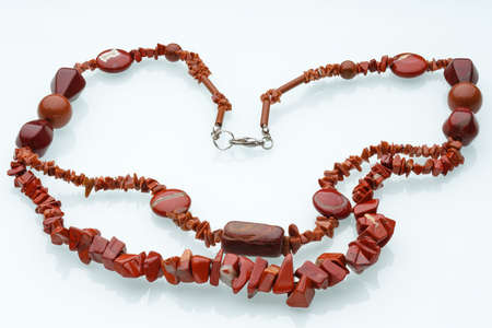 Handmade necklace made of stone - coral, quartz.の写真素材