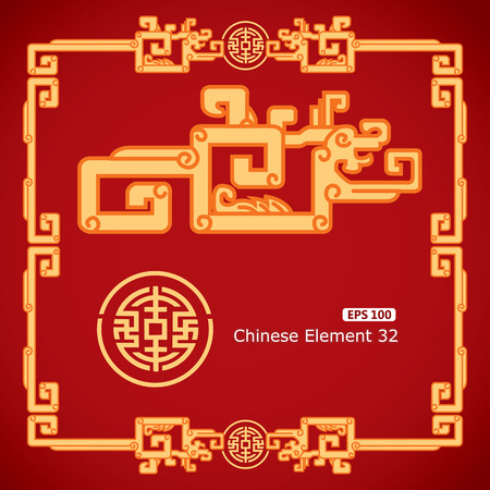 Chinese Vintage Dragon Elements on classic red backgroundのイラスト素材