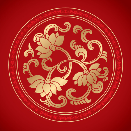 Chinese Vintage Lotus Elements on classic red backgroundのイラスト素材