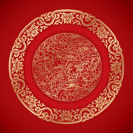Chinese Vintage Elements on classic red backgroundのイラスト素材