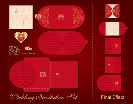 A complete wedding invitation set. Include card, folder, envelope. Chinese wedding style.のイラスト素材