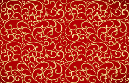 Chinese vintage seamless leaves pattern, the pattern is golden and on red backgroundのイラスト素材