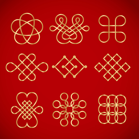 golden chinese knots on red backgroundのイラスト素材