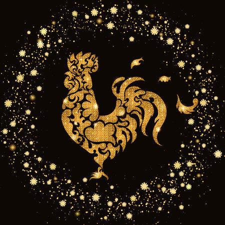 New year gold glitter rooster. Vector illustration EPS 10のイラスト素材