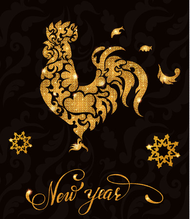 New year gold glitter rooster with lettering and snowflakes. Vector illustration EPS 10のイラスト素材