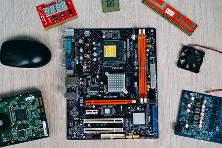 Top view of computer parts an devicesの写真素材