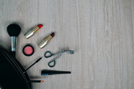 Top view of cosmetics and make-up itemsの写真素材