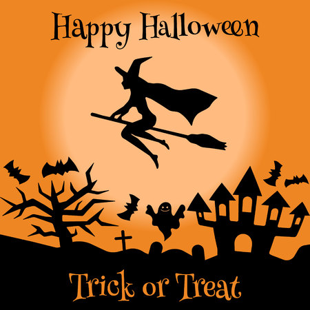 Set of halloween objects mansion and witch. Greeting card for party and sale.のイラスト素材