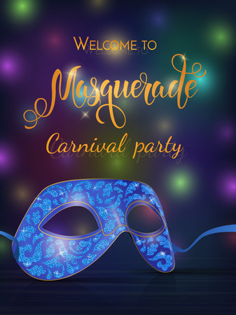 Gold carnival mask with shiny texture. Carnival hand drawn lettering. Invitation card template. Vector illustration EPS10.のイラスト素材