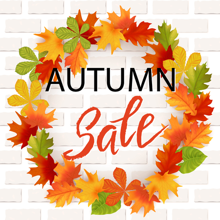 Autumn hand drawn lettering. Autumn leaves background. Vector illustration EPS10.のイラスト素材