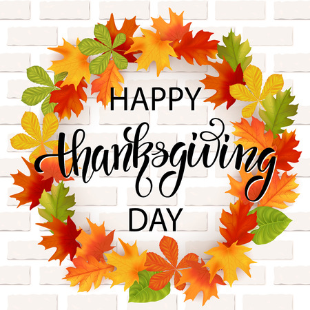 Autumn hand drawn lettering. Autumn leaves background. Vector illustration EPS10.のイラスト素材