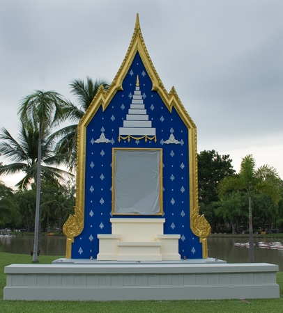 The backdrop which is build under the inspiration from Buddhism temple. Usually used for placing a picture of the very important person who received a highly respect on the wall's center point.の写真素材